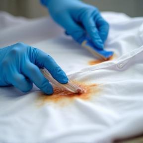 Technician removing tough stains from shirt